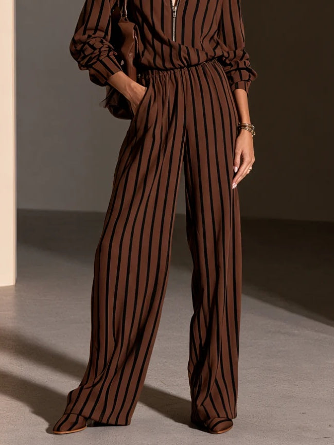 Iris | Ensemble Haut Demi-Zip Rayé Marron et Noir et Pantalon Large à Taille Élastique