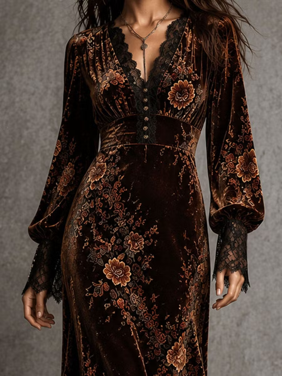 Maëlys | Robe Longue en Velours Marron Imprimé Fleuri à Col V en Dentelle et Manches Bouffantes