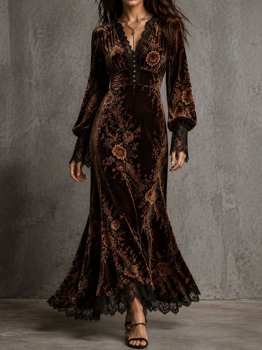 Maëlys | Robe Longue en Velours Marron Imprimé Fleuri à Col V en Dentelle et Manches Bouffantes