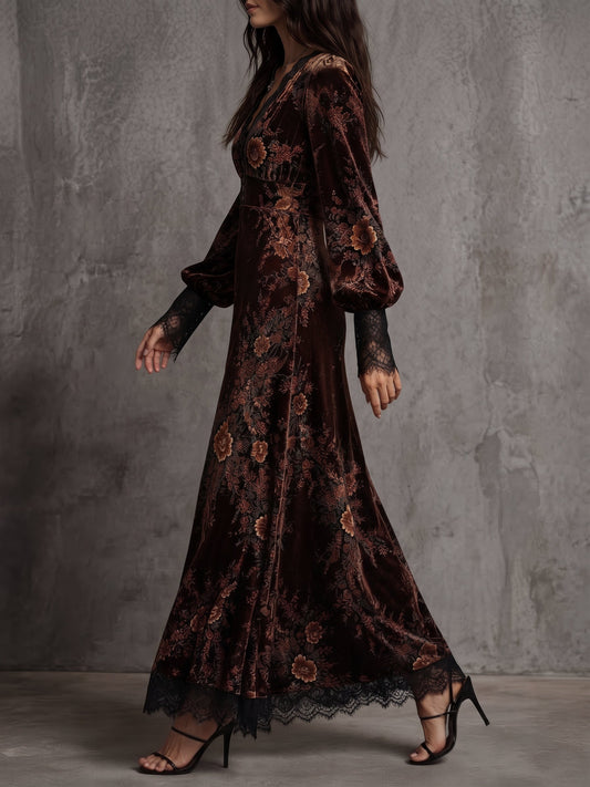 Maëlys | Robe Longue en Velours Marron Imprimé Fleuri à Col V en Dentelle et Manches Bouffantes