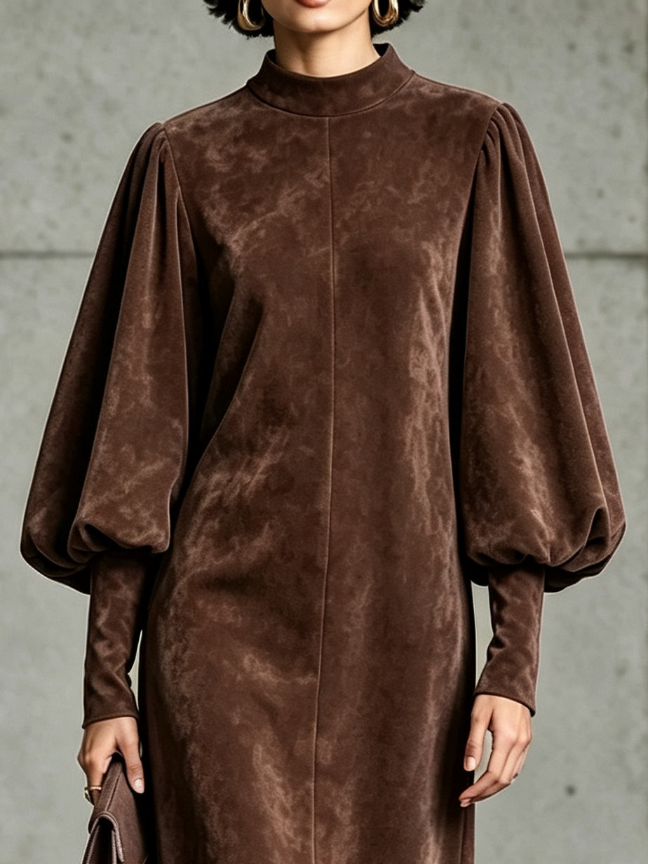 Séverine | Robe Midi en Suédine Marron Chocolat à Manches Ballon et Ourlet à Franges
