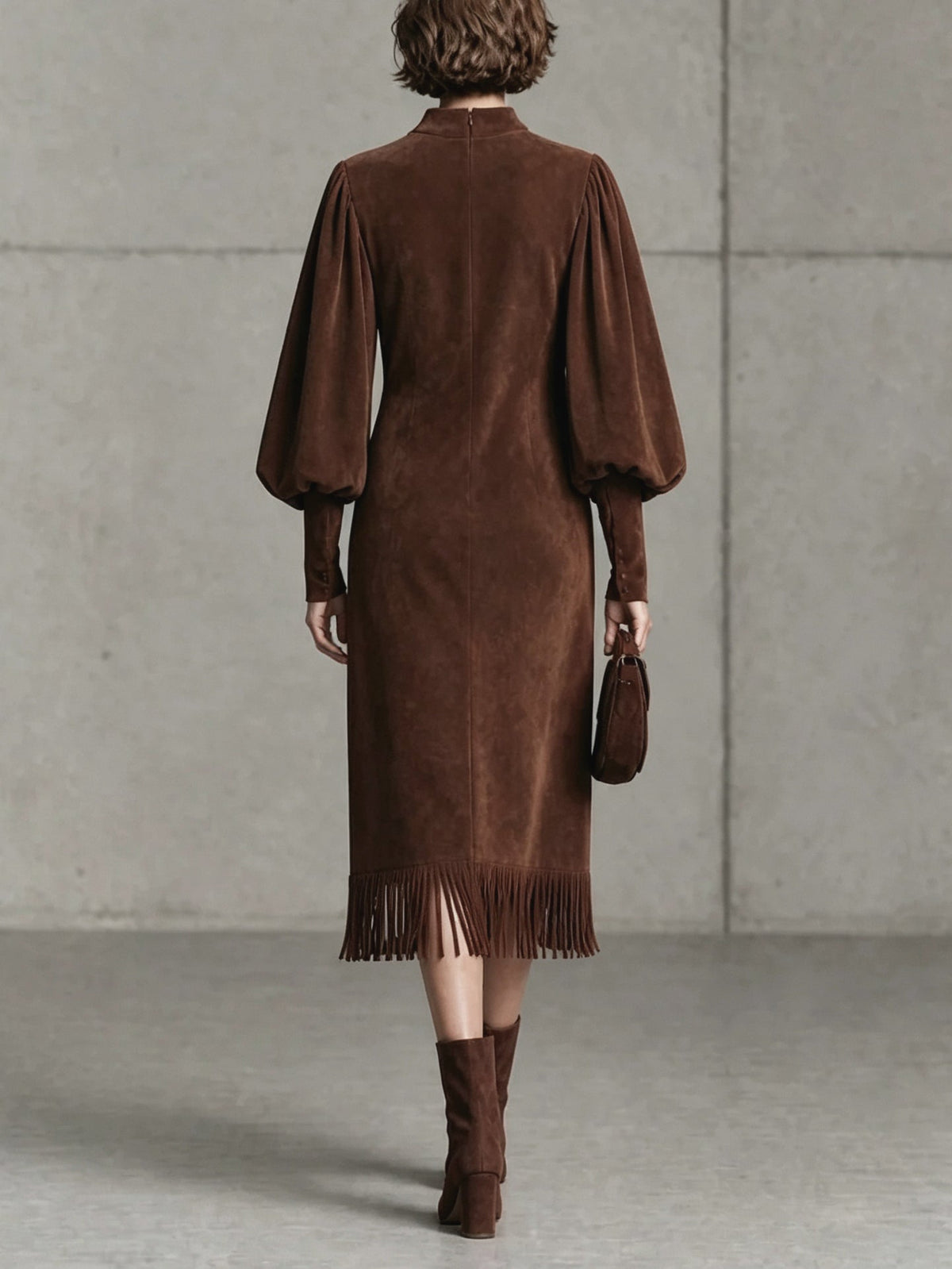 Séverine | Robe Midi en Suédine Marron Chocolat à Manches Ballon et Ourlet à Franges