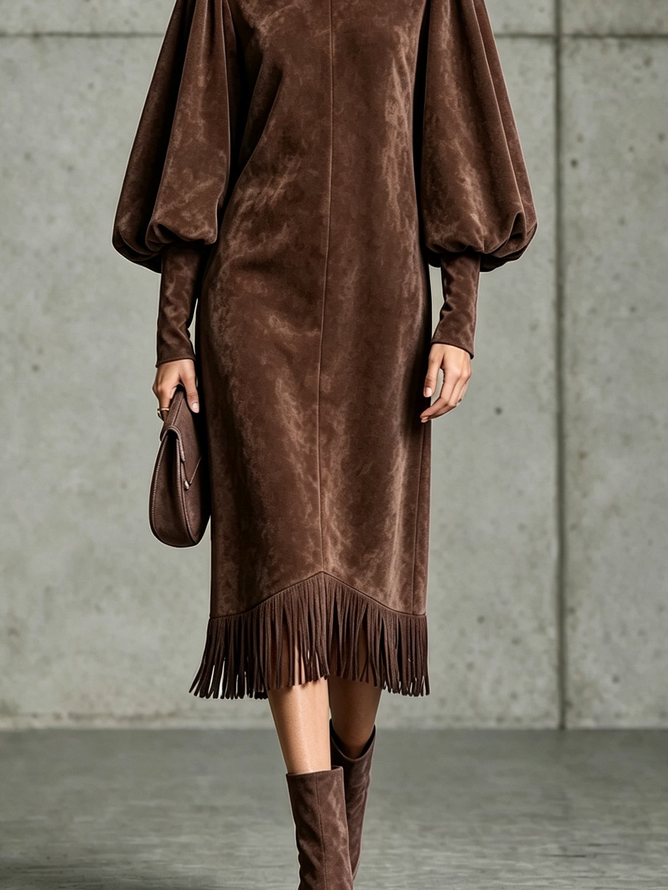 Séverine | Robe Midi en Suédine Marron Chocolat à Manches Ballon et Ourlet à Franges