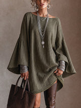 Sixtine | Mini Robe Tunique Vert Olive en Mélange de Lin à Manches Évasées et Bordure en Dentelle