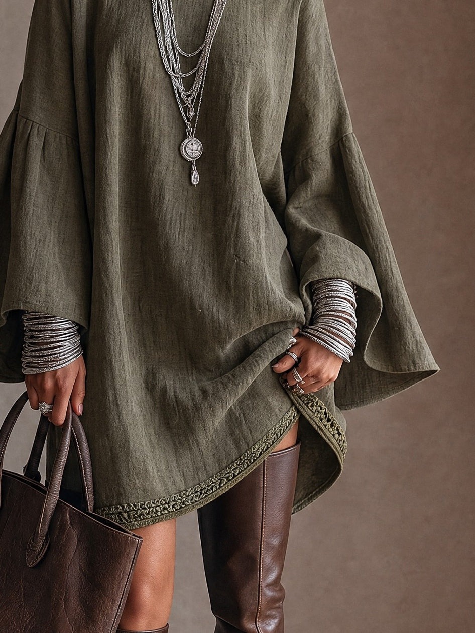 Sixtine | Mini Robe Tunique Vert Olive en Mélange de Lin à Manches Évasées et Bordure en Dentelle