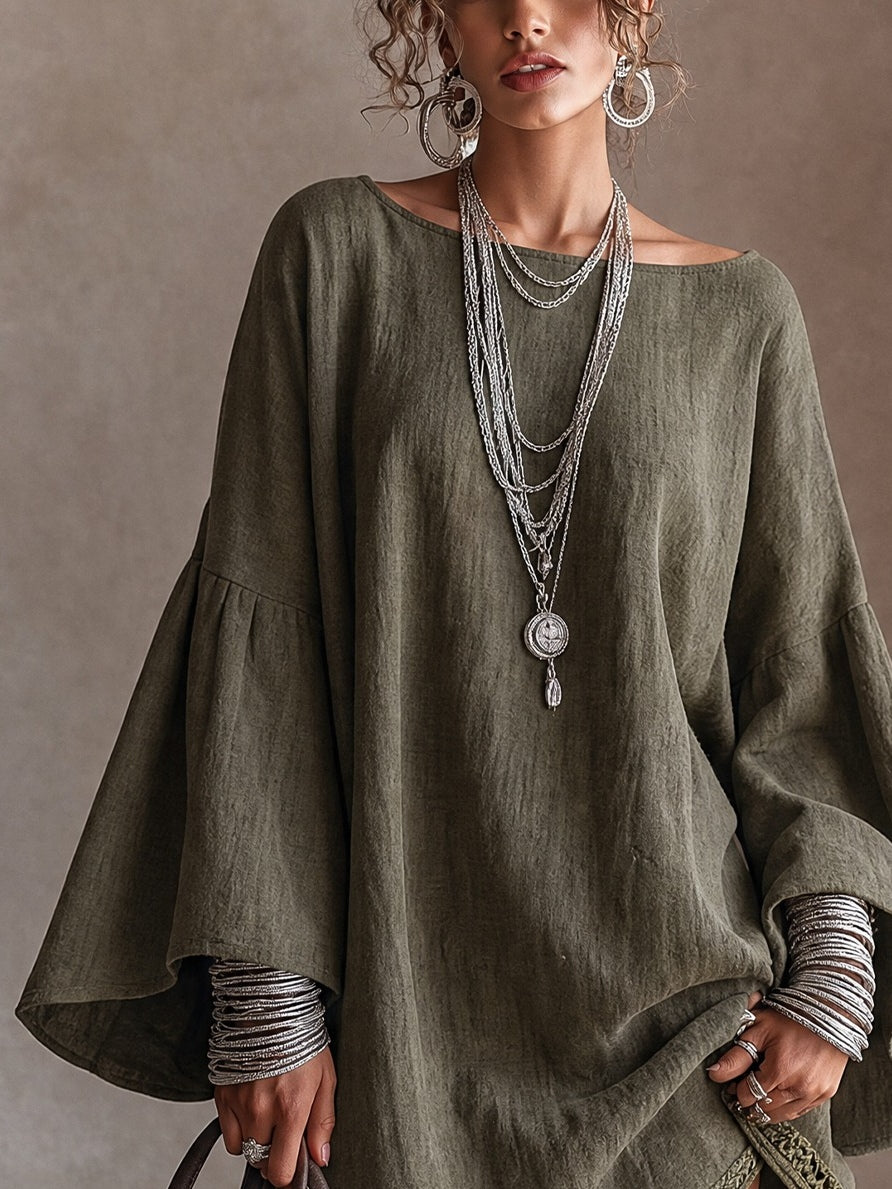 Sixtine | Mini Robe Tunique Vert Olive en Mélange de Lin à Manches Évasées et Bordure en Dentelle