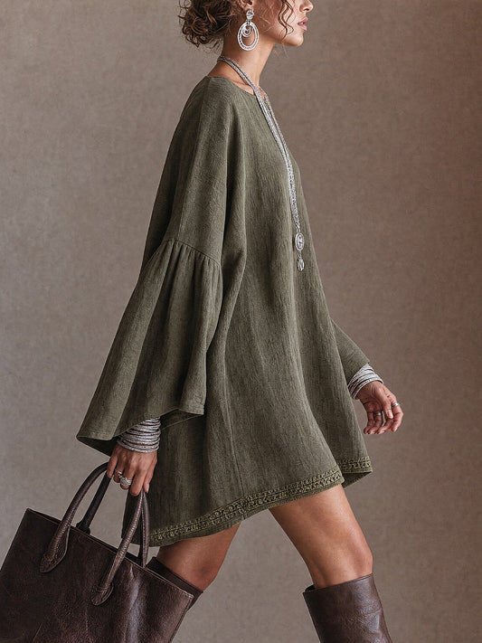 Sixtine | Mini Robe Tunique Vert Olive en Mélange de Lin à Manches Évasées et Bordure en Dentelle