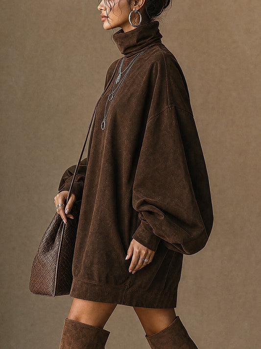 Sylvie | Mini Robe en Suédine Marron à Col Roulé et Manches Ballon