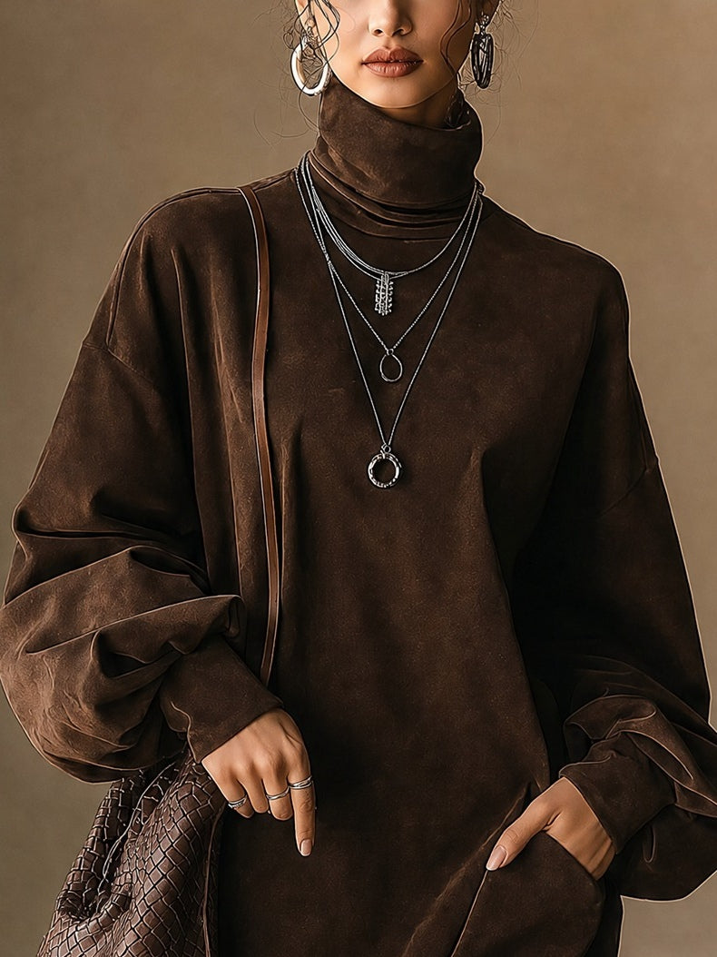 Sylvie | Mini Robe en Suédine Marron à Col Roulé et Manches Ballon