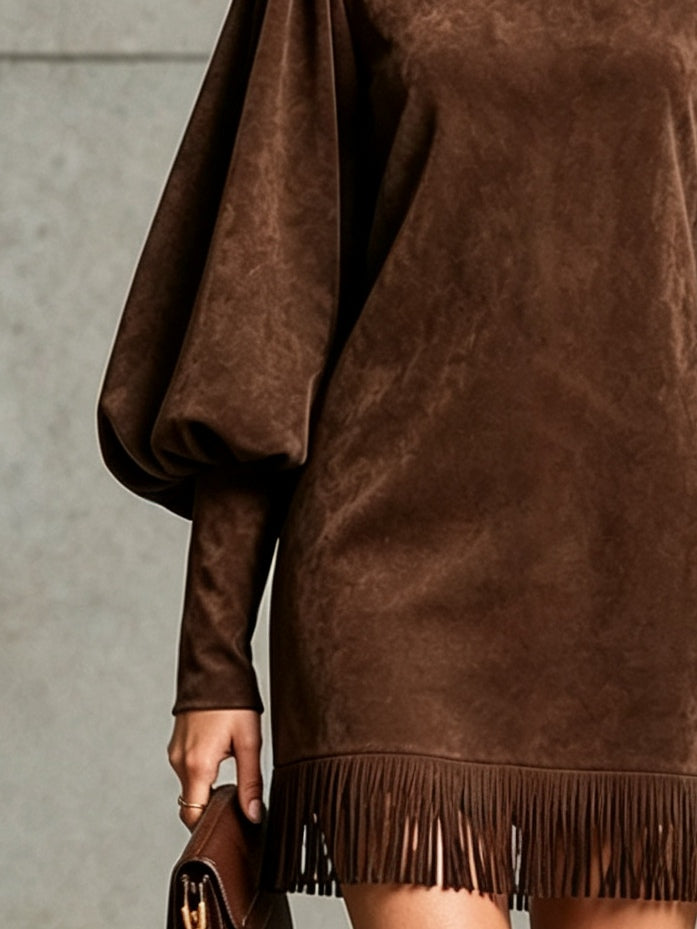 Véronique | Mini Robe en Suédine Marron Chocolat à Manches Ballon et Ourlet à Franges