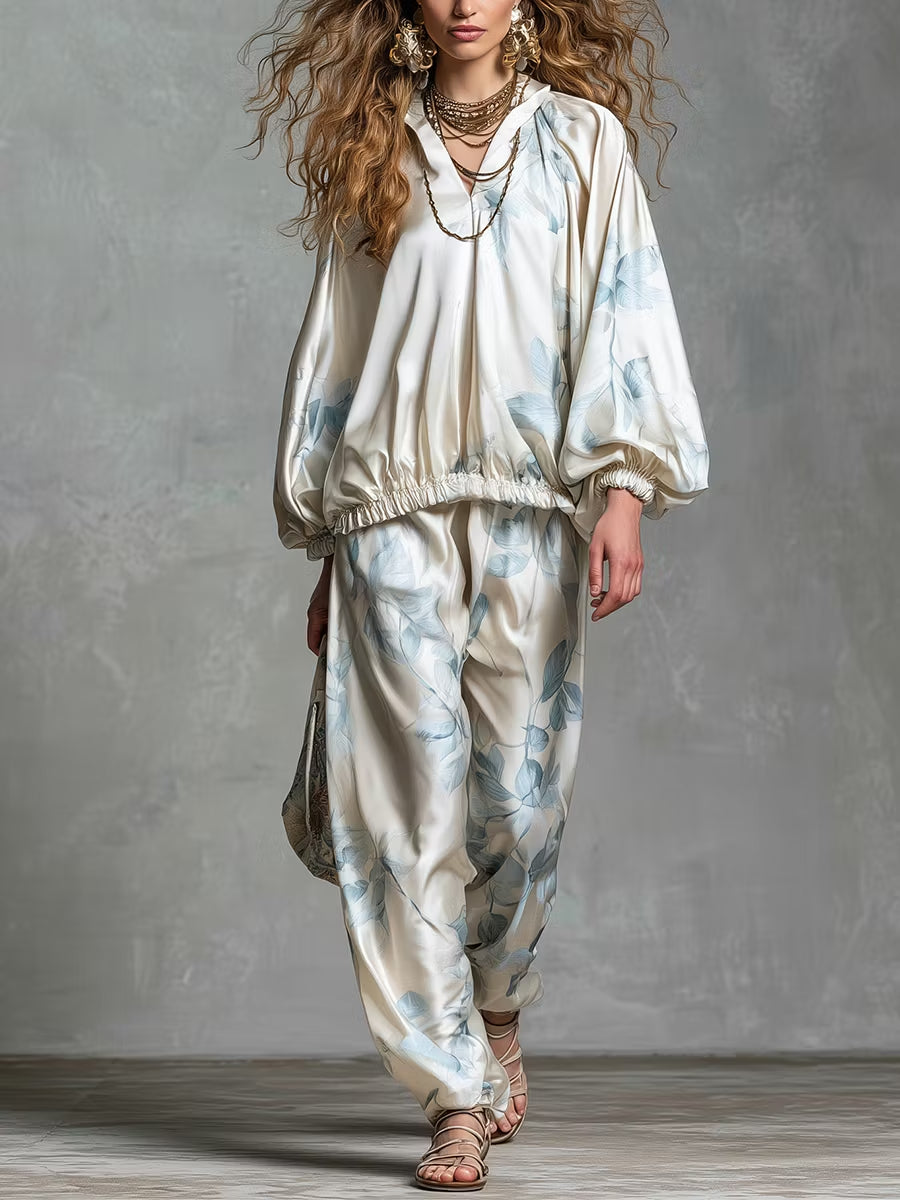Aurélie | Ensemble en Satin Élégant Imprimé Fleuri Bleu Style Bohème