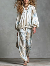 Aurélie | Ensemble en Satin Élégant Imprimé Fleuri Bleu Style Bohème