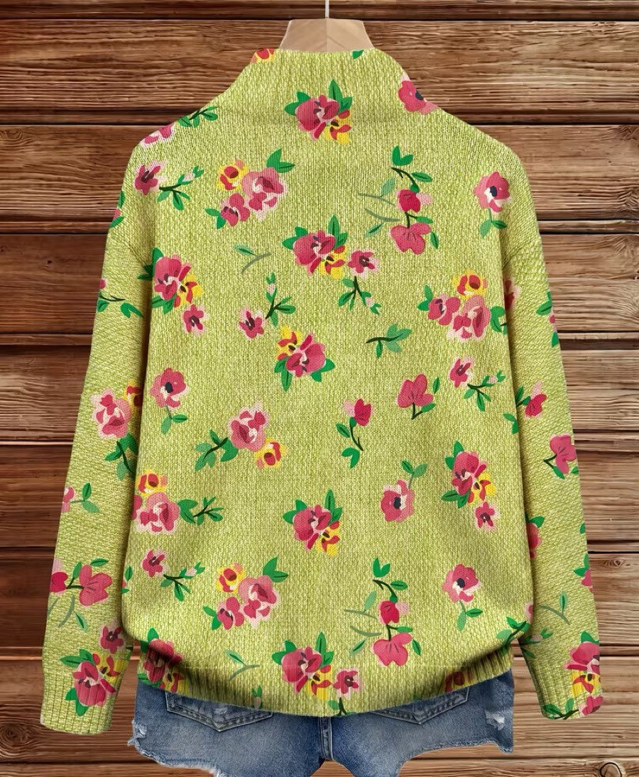 Margot | Cardigan Zippé Fleurs Roses et Citron Vert