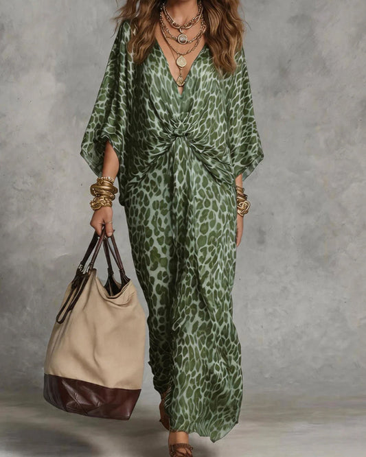 Robe maxi femme imprimé léopard avec devant torsadé