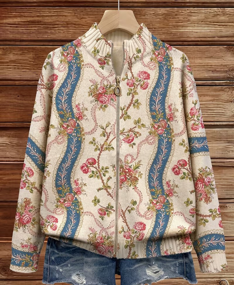 Roseline | Cardigan Zippé Rubans et Roses Grimpantes