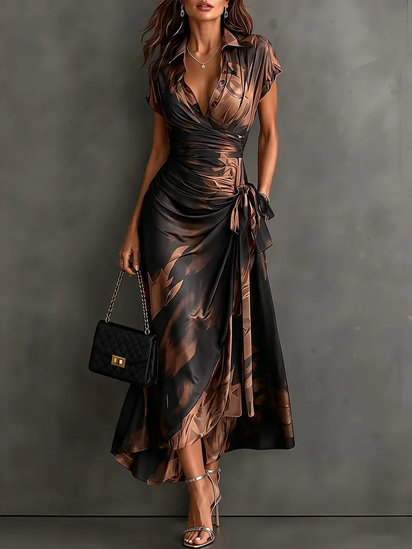 Natalia | Robe midi croisée à imprimé abstrait rouge et noir, encolure en V, manches courtes, ceinture et ourlet asymétrique à volants.