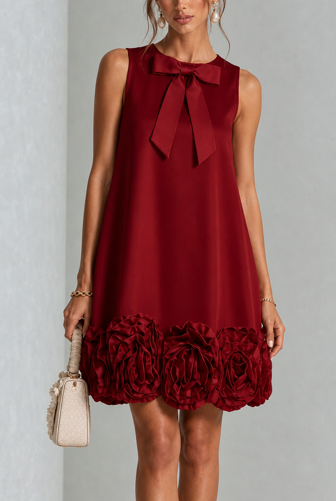 Émerance | Robe Élégante Col Nœud à Ourlet Fleuri