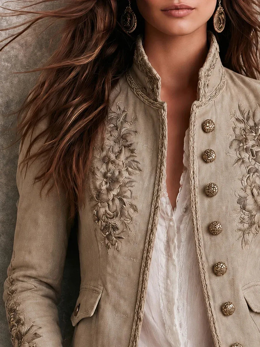 Marine | Veste rétro beige à col montant, motifs floraux brodés et bordures tressées