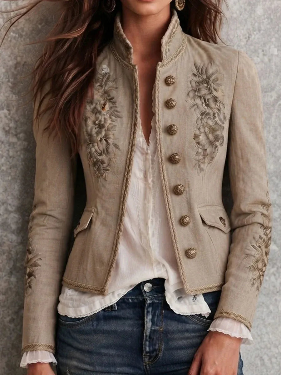 Marine | Veste rétro beige à col montant, motifs floraux brodés et bordures tressées
