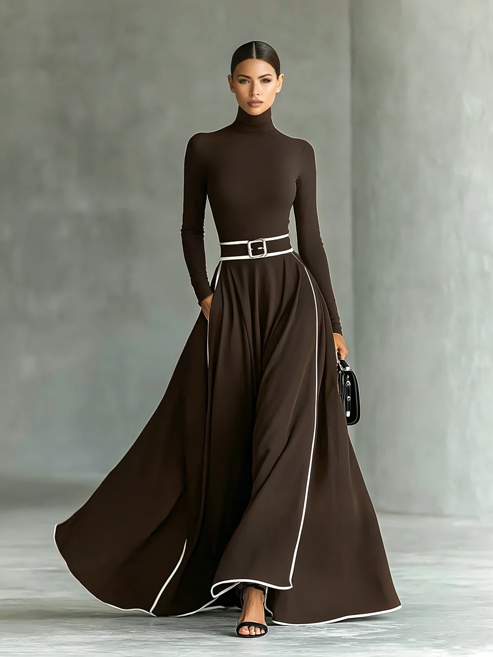 LEANDRA | Robe longue à col montant, bordures contrastées et ceinture