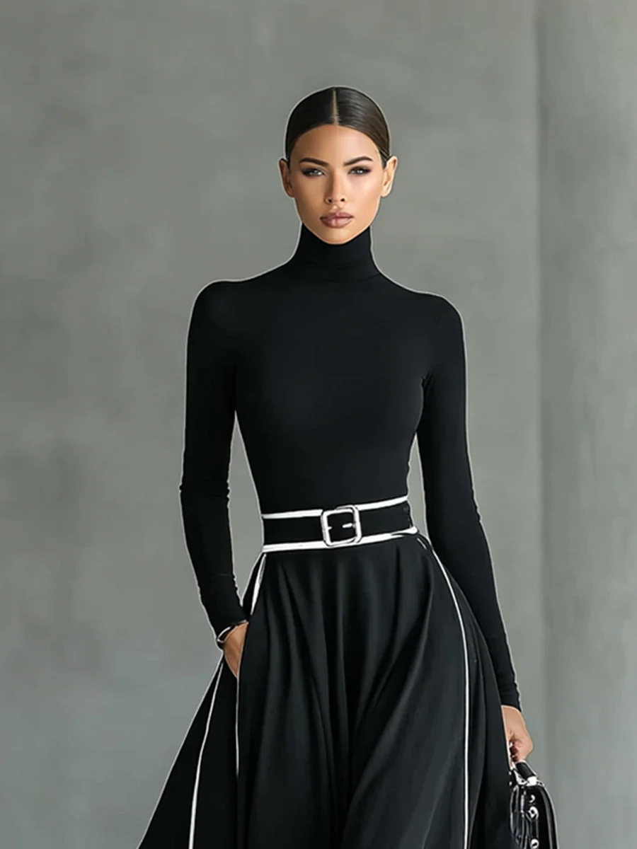 LEANDRA | Robe longue à col montant, bordures contrastées et ceinture
