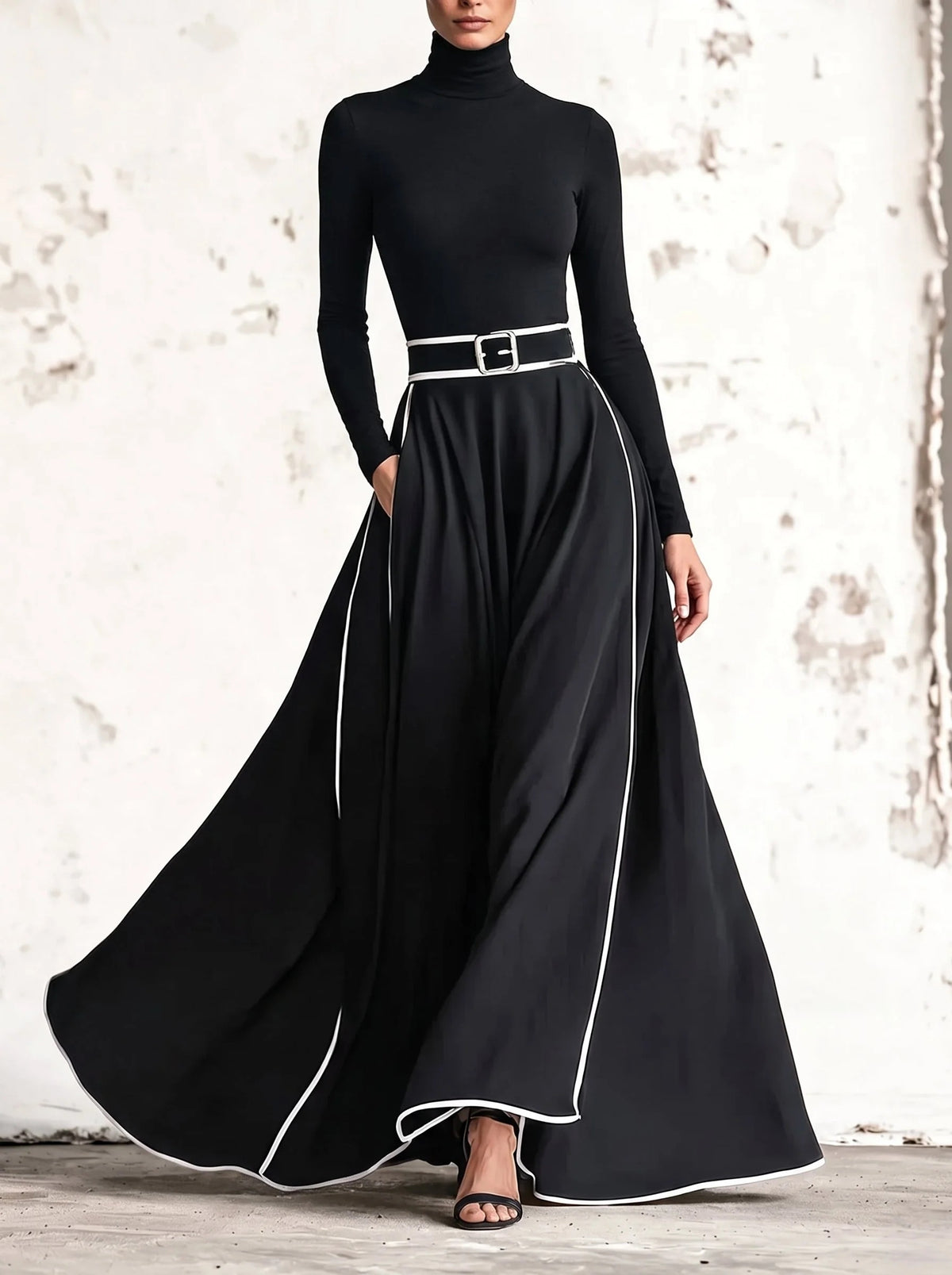 LEANDRA | Robe longue à col montant, bordures contrastées et ceinture