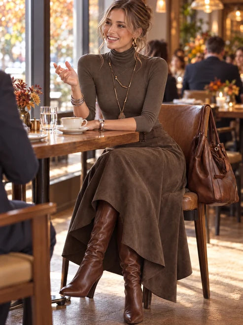 Anne | Ensemble composé d'un pull à col roulé extensible taupe et d'une jupe asymétrique en daim