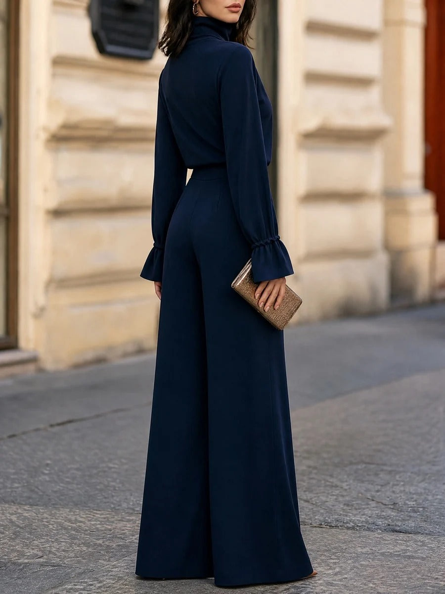 Laetitia | Ensemble Élégant Bleu Marine, Haut Col Roulé à Manches Évasées et Pantalon Large