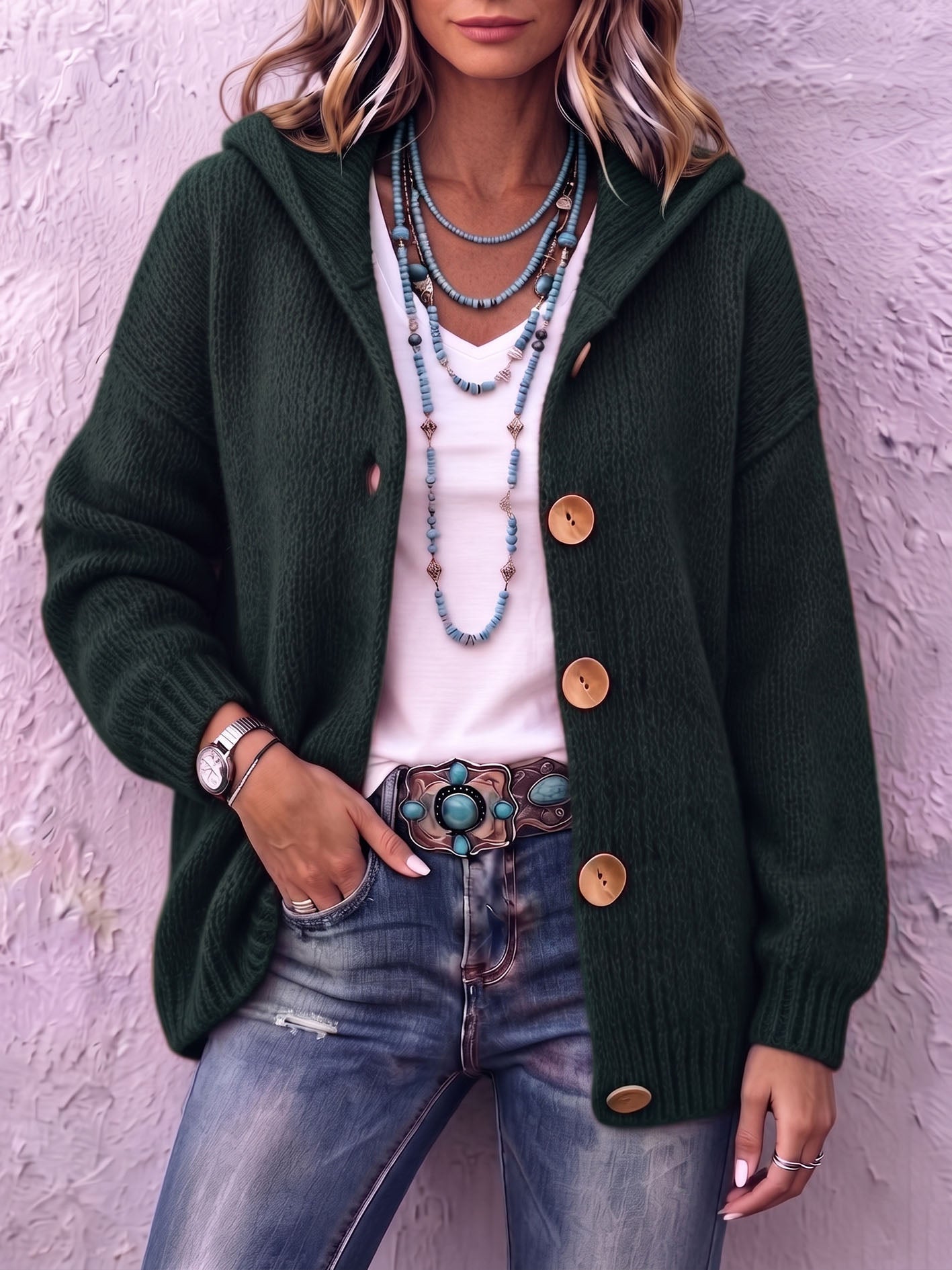 Cardigan femme en maille à capuche boutonné