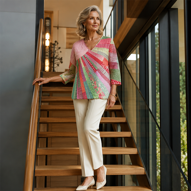 Blouse femme patchwork à col V rétro chic