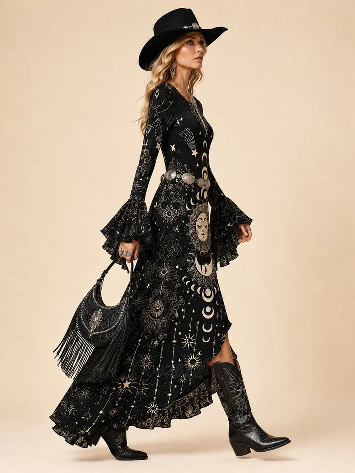 Virginie | Robe Longue Noire à Manches Longues et Imprimé Céleste Soleil, Lune et Étoiles