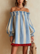 Ondine | Mini-robe rayée bleue et blanche à épaules dénudées et ourlet contrasté