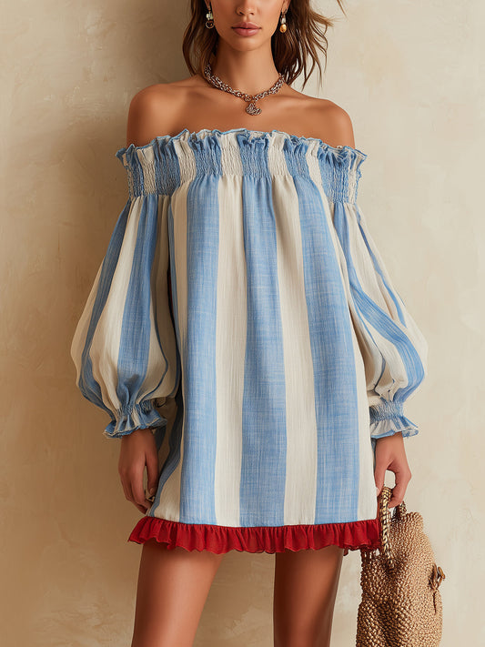 Ondine | Mini-robe rayée bleue et blanche à épaules dénudées et ourlet contrasté
