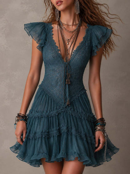 Delphine | Mini-robe bleue rétro à volants en dentelle et mousseline