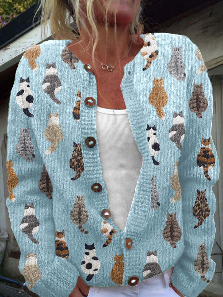 Cardigan femme en maille à motif chat boutonné