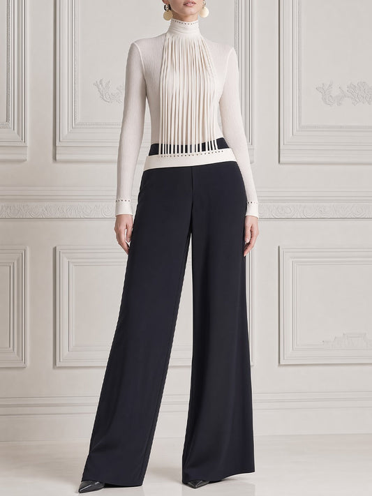 Mélanie | Ensemble Haut Blanc à Col Montant et Effet Franges et Pantalon Large Noir