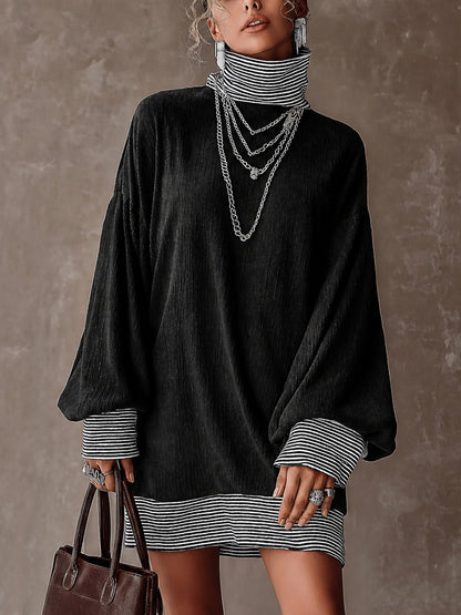 Lucie | Mini Robe Oversize Noire Color Block à Col Montant et Rayures