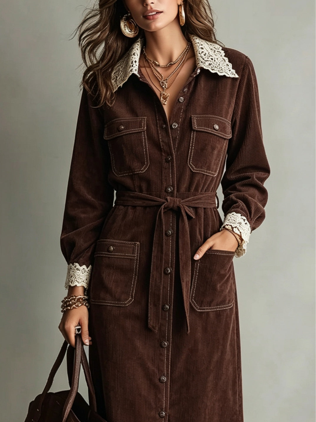 Anaëlle | Robe Chemise en Velours Côtelé Marron à Col en Dentelle