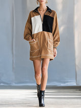 Georgette | Mini Robe en Velours Côtelé Color Block à Col et Demi-Zip, Manches Longues