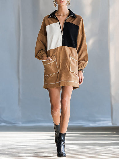 Georgette | Mini Robe en Velours Côtelé Color Block à Col et Demi-Zip, Manches Longues