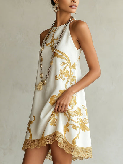 Héloïse | Robe mini blanche en dentelle à motifs dorés