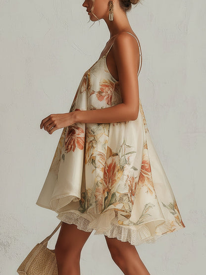 Blanche | Robe mini trapèze beige fleurie en organza à bordure en dentelle