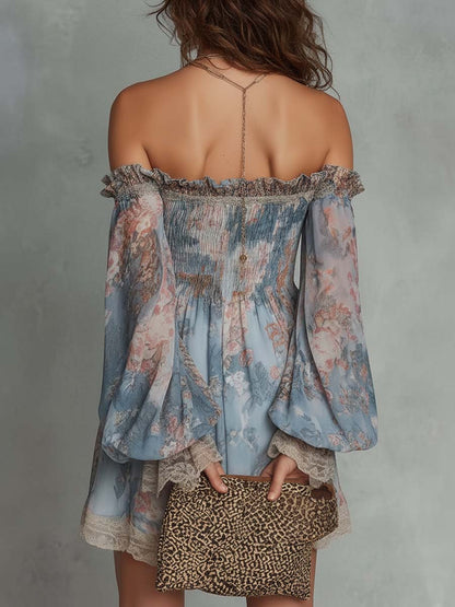 Romane | Robe mini froncée en mousseline à épaules dénudées et fleurs romantiques