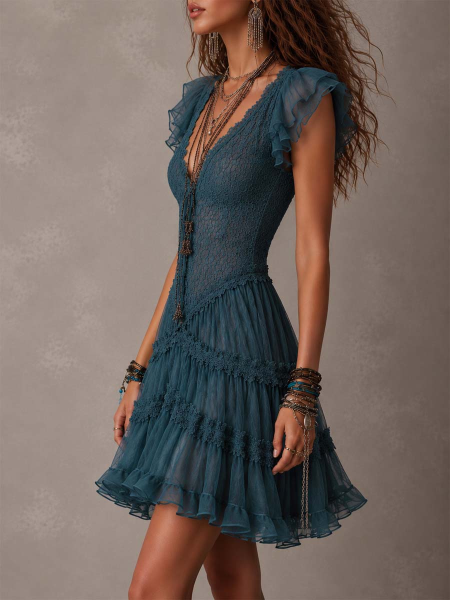 Delphine | Mini-robe bleue rétro à volants en dentelle et mousseline