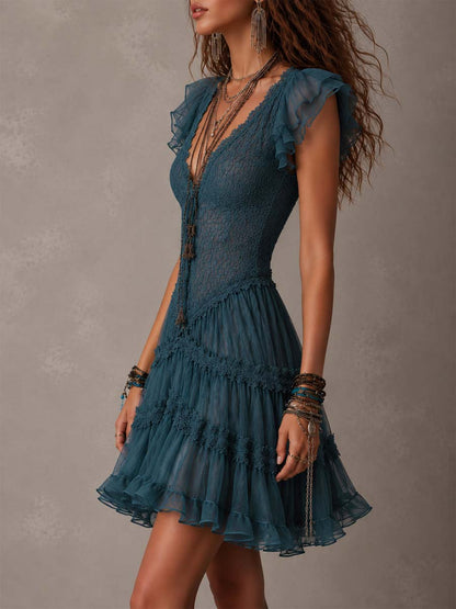 Delphine | Mini-robe bleue rétro à volants en dentelle et mousseline
