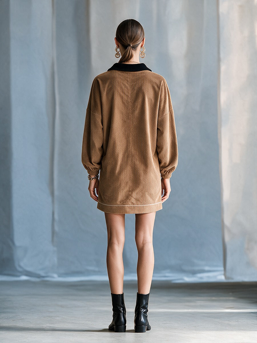 Georgette | Mini Robe en Velours Côtelé Color Block à Col et Demi-Zip, Manches Longues