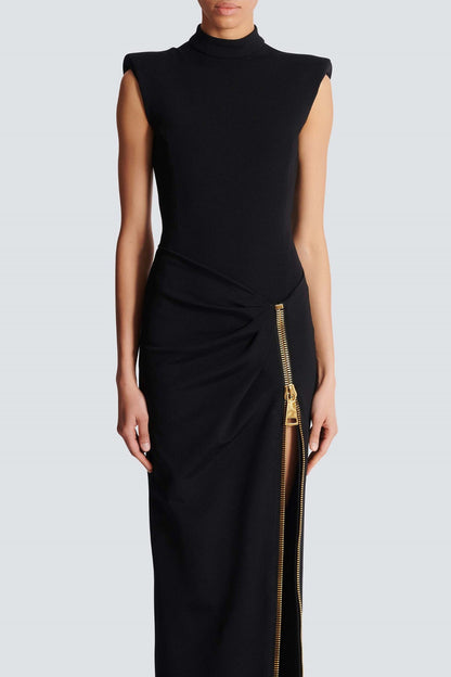 Armelle | Robe Longue Noire Sans Manches Premium à Zip et Fentes