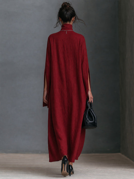 Mariette | Robe Longue Minimaliste Brodée à Manches Fendues et Poches