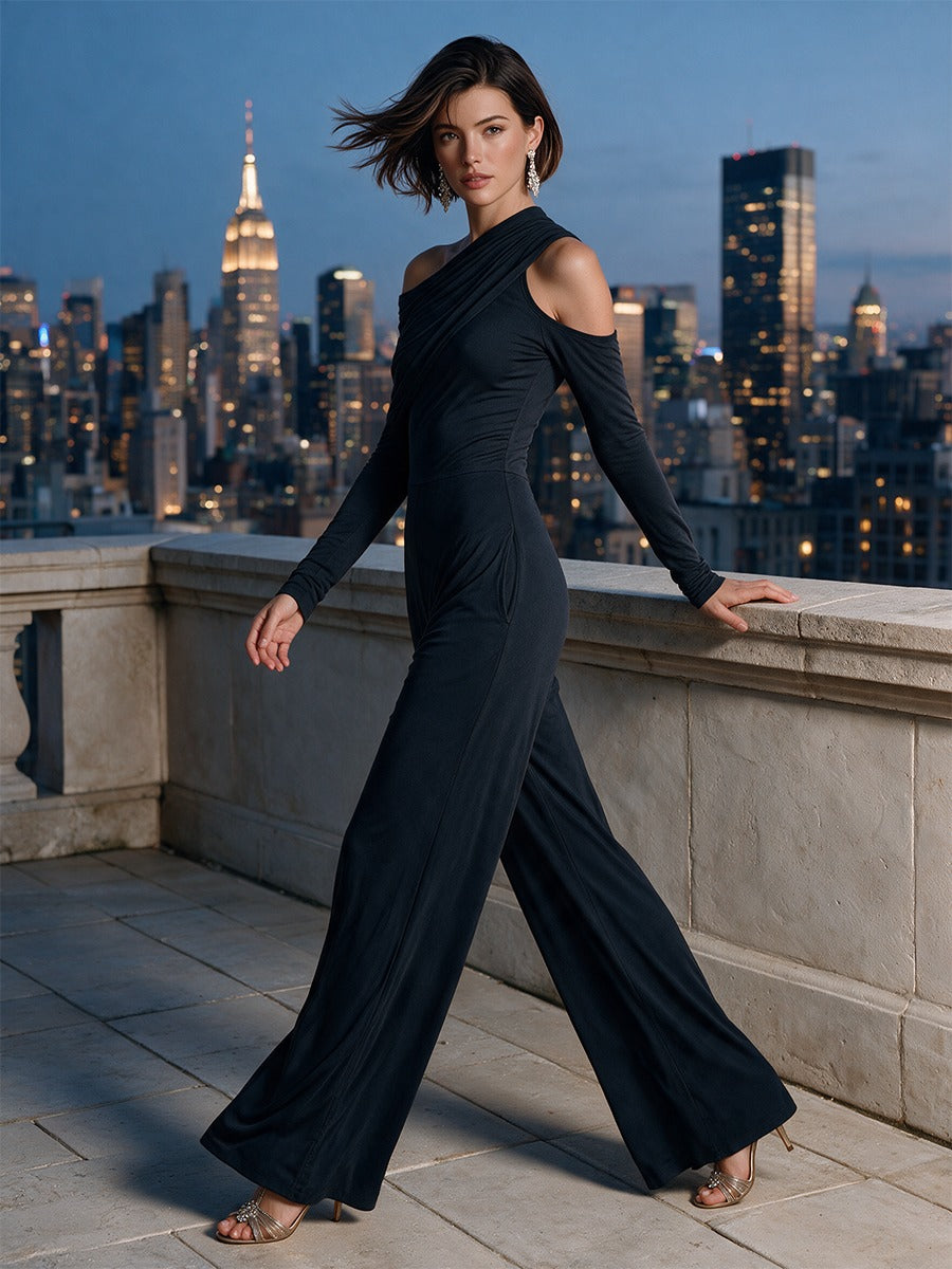 Eugénie | Combinaison Noire Asymétrique à Une Épaule et Jambes Larges