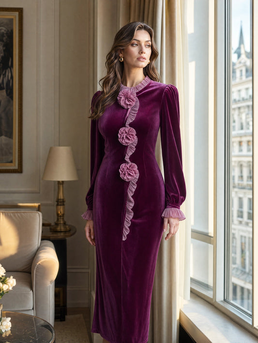 Monique | Robe Midi Fourreau en Velours Violet à Col Montant et Applique Fleurie